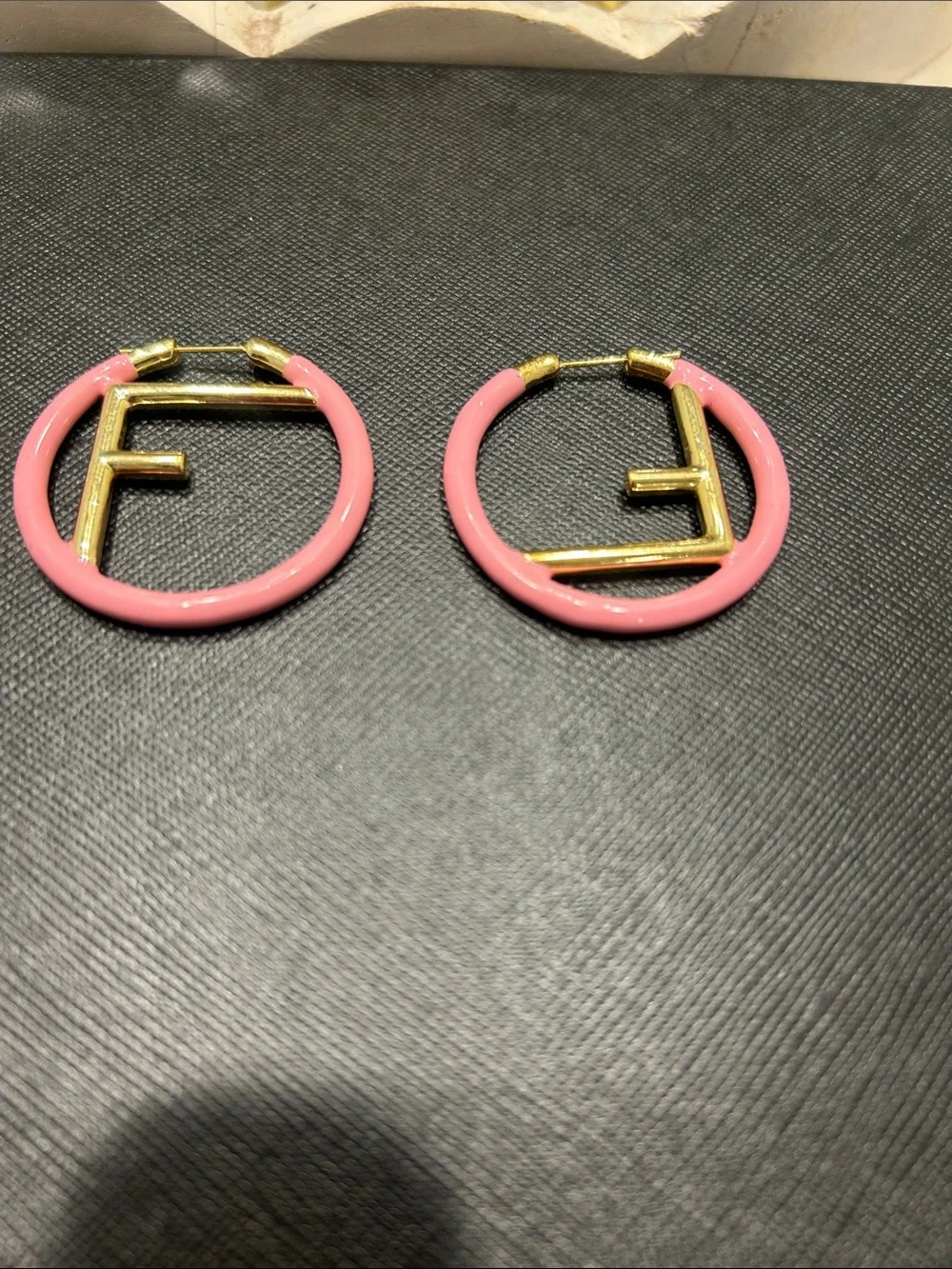 Fendi logo Pink and Gold Hoop Earrings with Enamel Accent